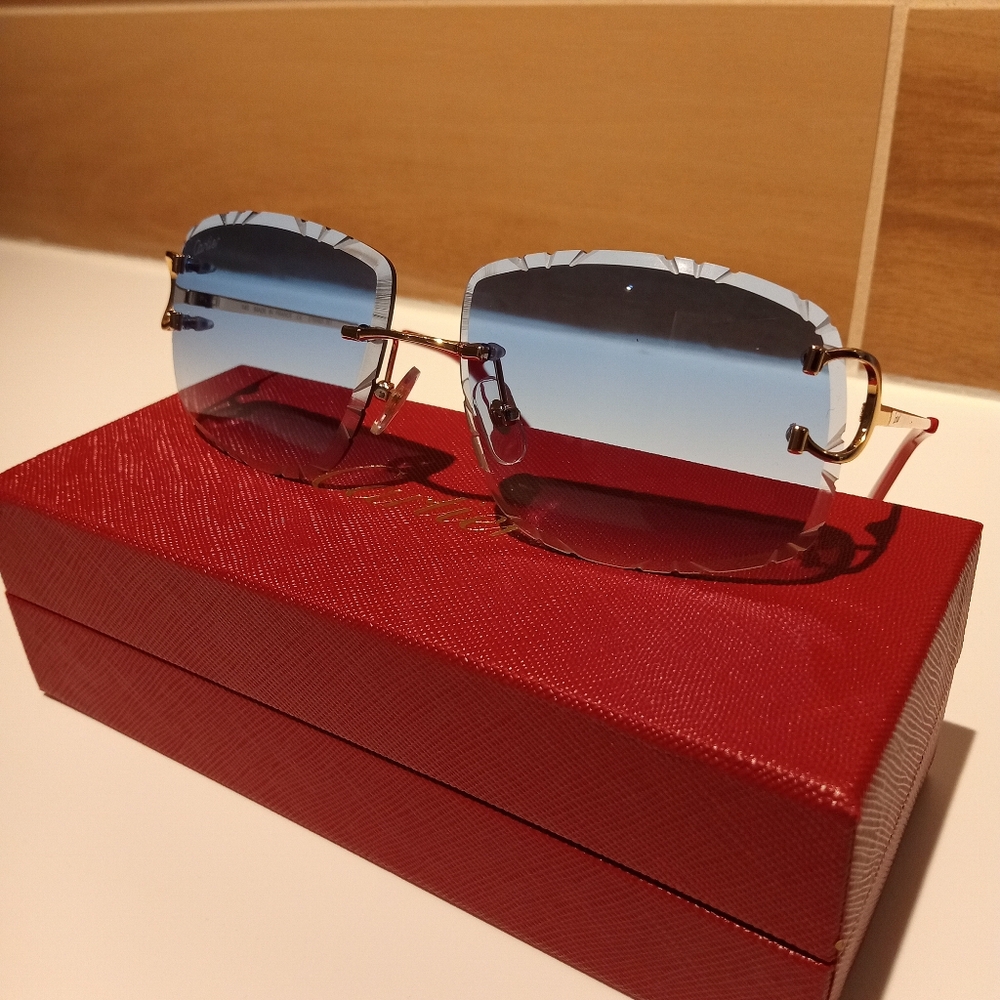 Cartier C decor Cold Blue Tint Gold Wire Diamond Cut Lens Rimless Glasses